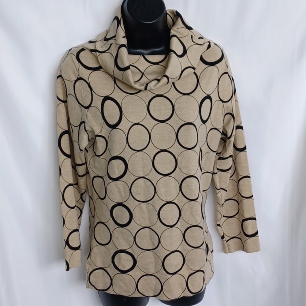 Gene Meyer Wool Blend Cowl Neck Sweater, Tan & Black, M, EUC, 18" PTP, 22" L